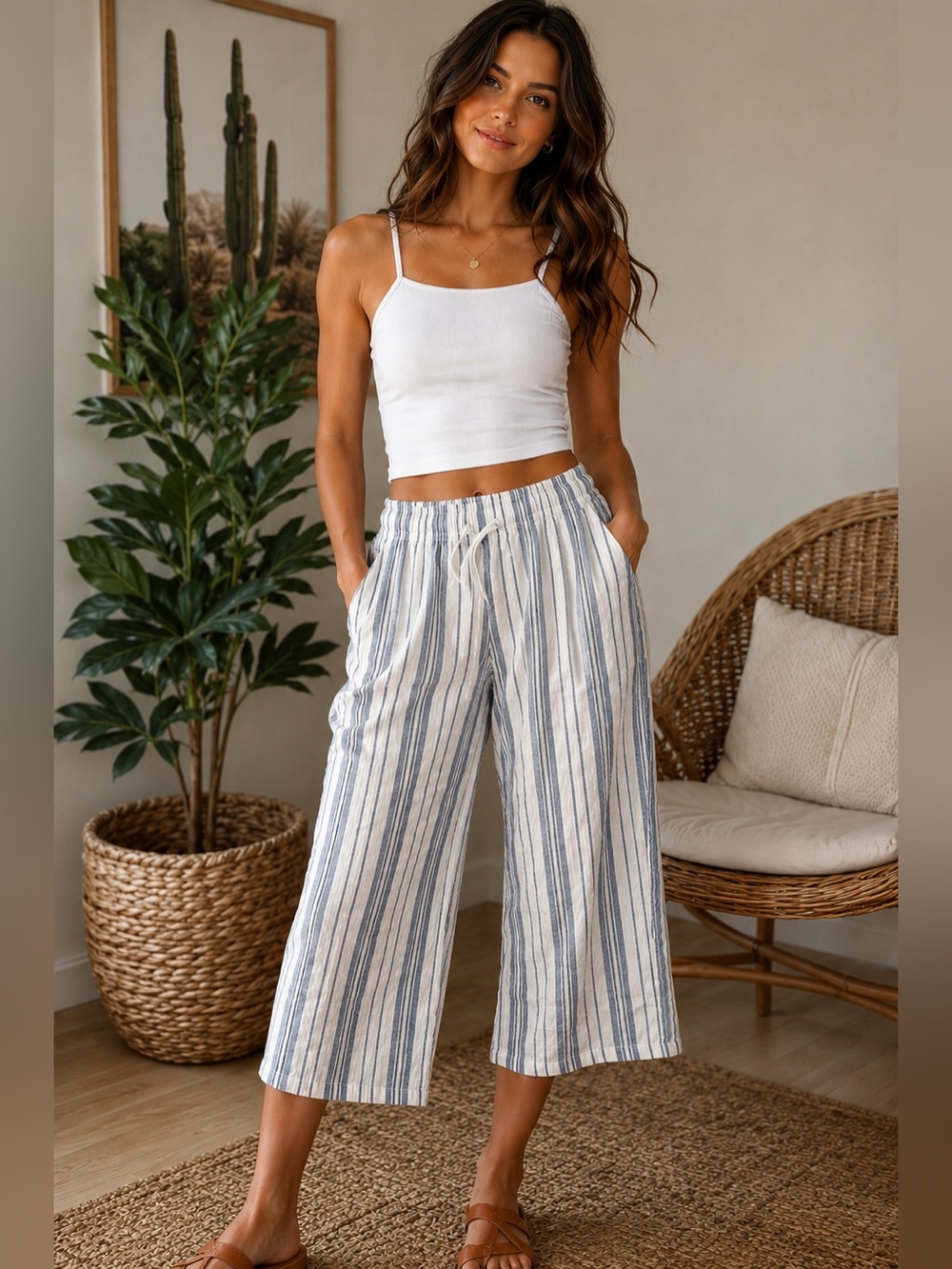 NWT Roxy White and Blue Striped Linen-Blend Cropped Drawstring Pants